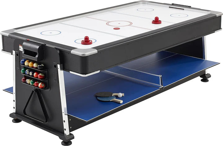 4 in 1 - 7Ft Green Pool Table with Benches + Air Hockey + Tennis Table