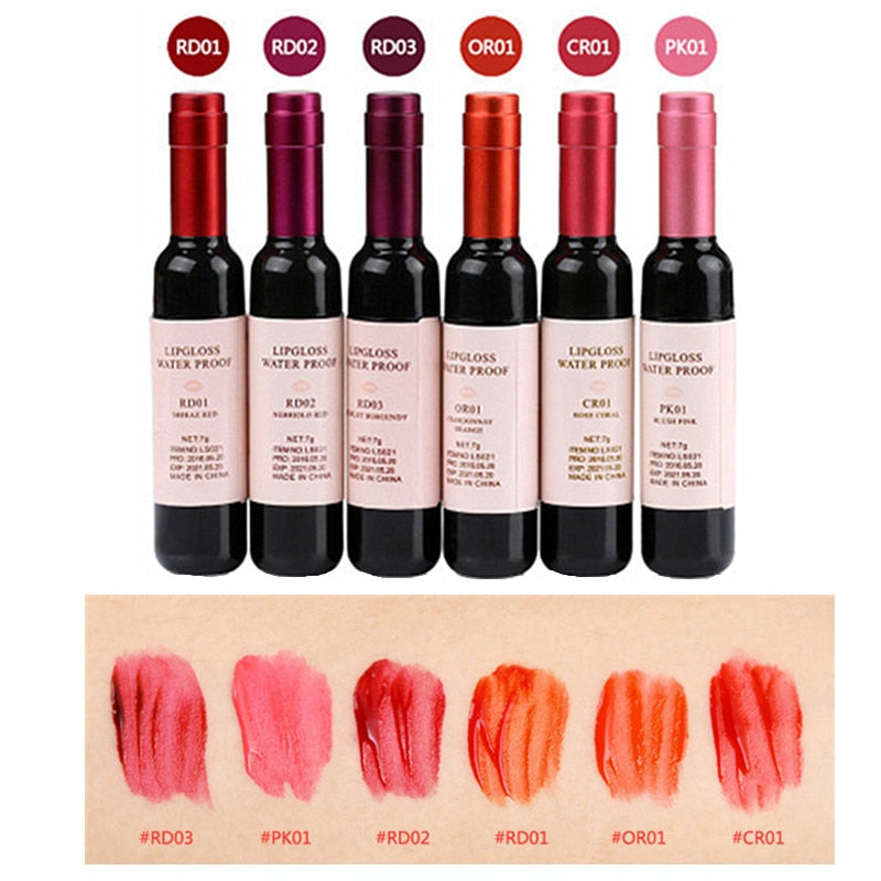 Wine Lip Tint Wine Lipgloss Waterproof Bottle Style Set (6 color)