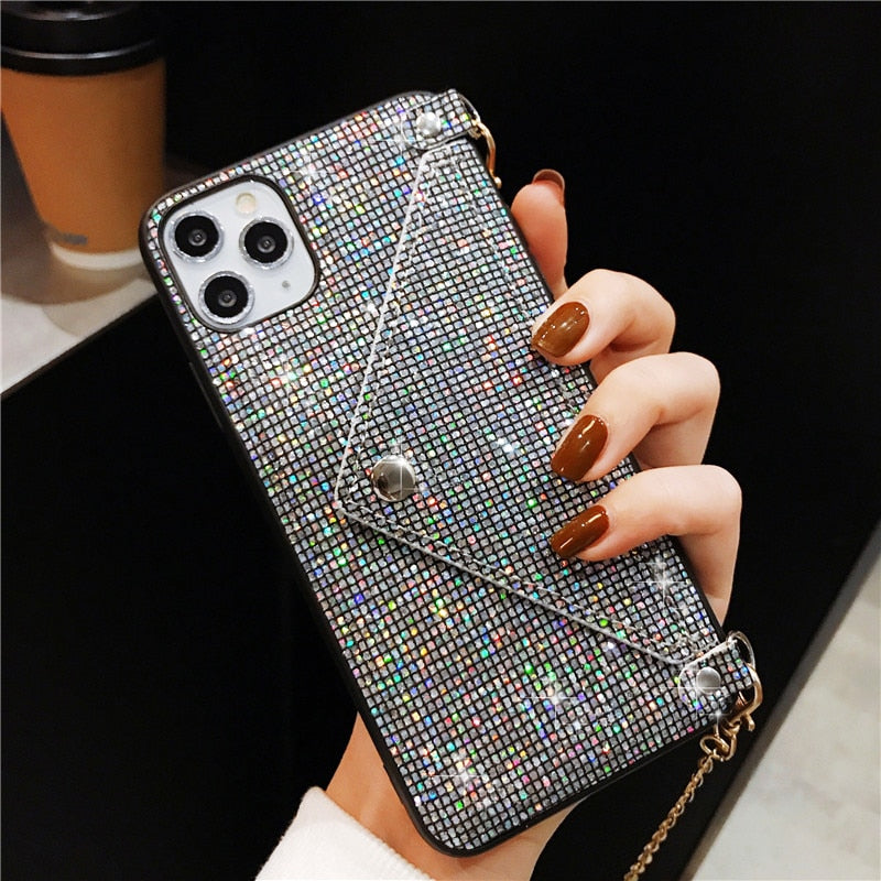 Fashion Glitter Diamond Leather Shoulder Bag Phone Case For Card Slot Wallet