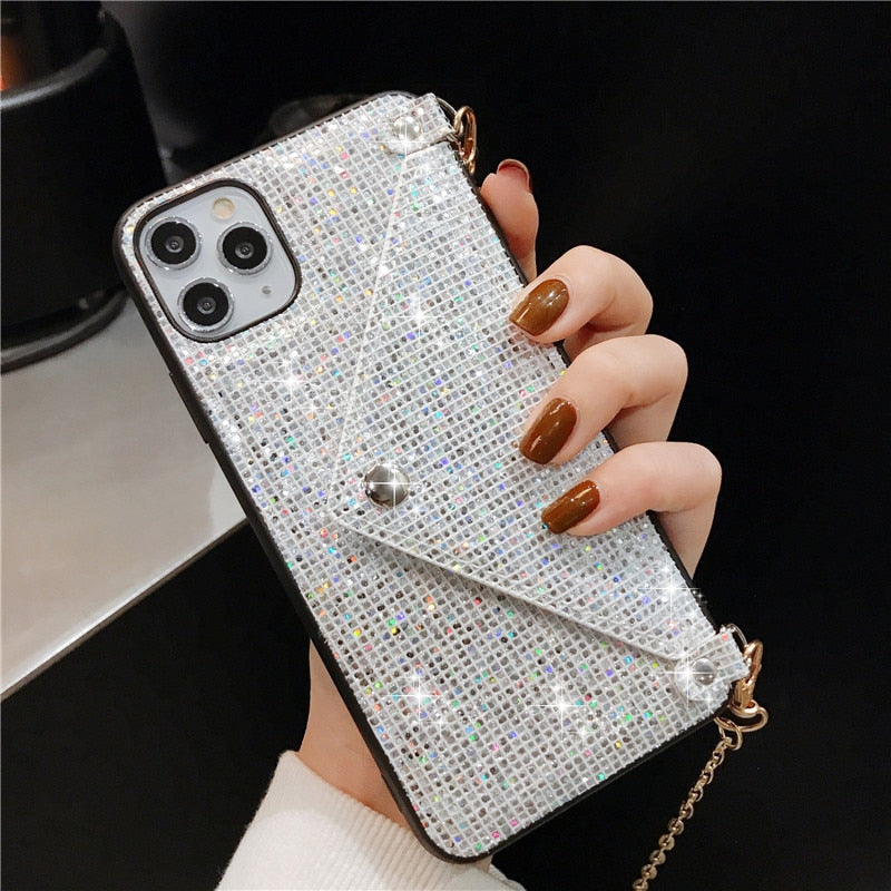 Fashion Glitter Diamond Leather Shoulder Bag Phone Case For Card Slot Wallet