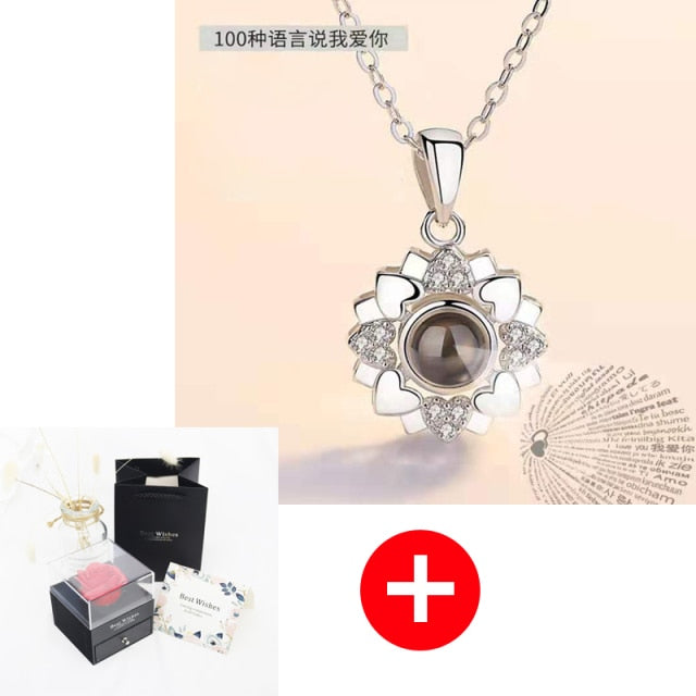 Preserved Real Forever Rose with Silver-Tone Heart Necklace I Love You in 100 Languages Valentine's Gift Set