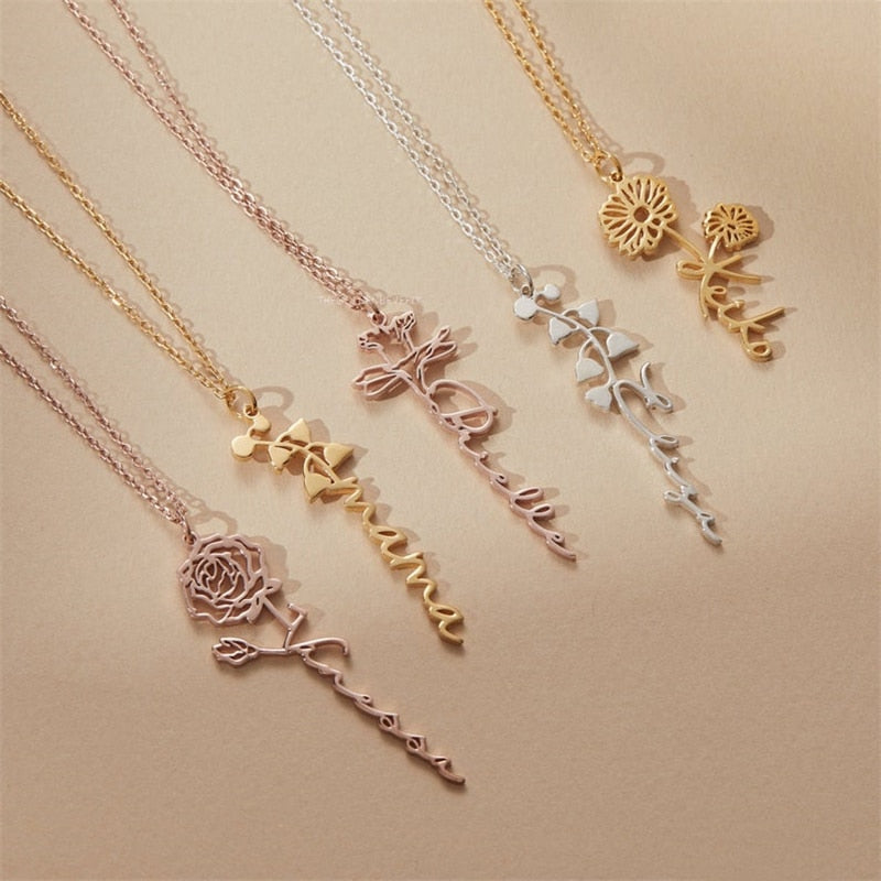 Personalized Name Necklace with Birth Flower