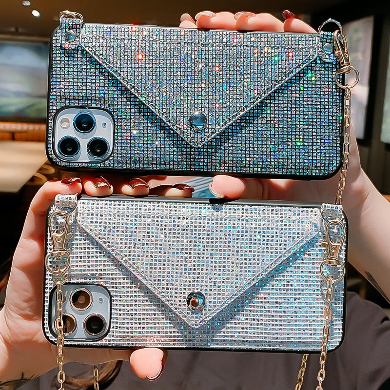 Fashion Glitter Diamond Leather Shoulder Bag Phone Case For Card Slot Wallet