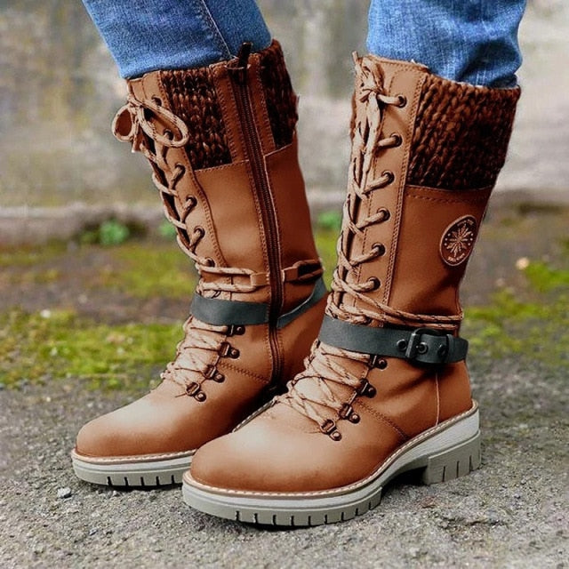 BUCKLE LACE KNITTED MID-CALF BOOTS