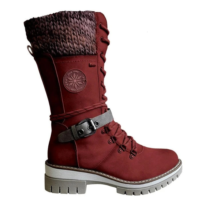 BUCKLE LACE KNITTED MID-CALF BOOTS