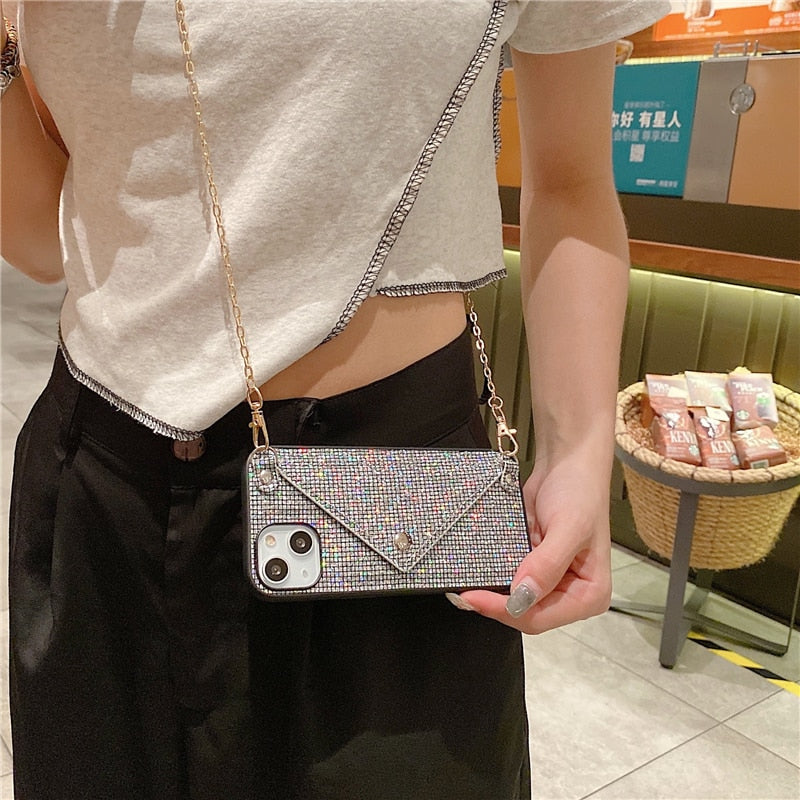 Fashion Glitter Diamond Leather Shoulder Bag Phone Case For Card Slot Wallet