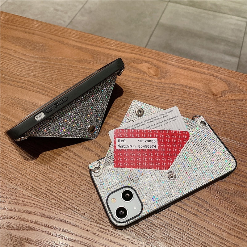 Fashion Glitter Diamond Leather Shoulder Bag Phone Case For Card Slot Wallet