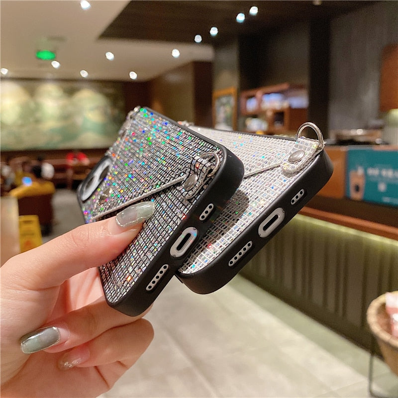 Fashion Glitter Diamond Leather Shoulder Bag Phone Case For Card Slot Wallet