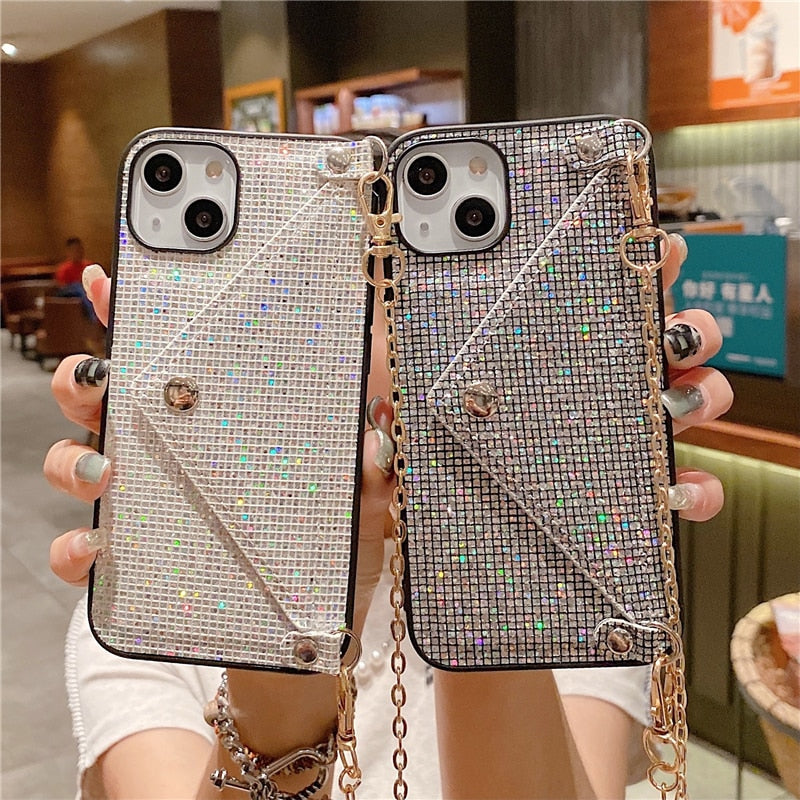 Fashion Glitter Diamond Leather Shoulder Bag Phone Case For Card Slot Wallet