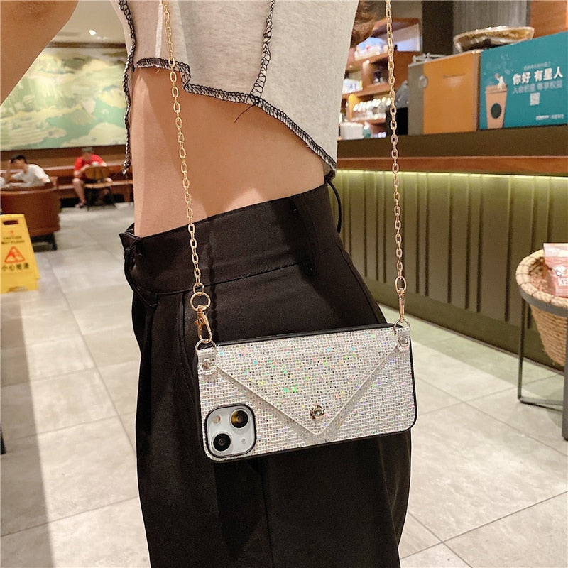 Fashion Glitter Diamond Leather Shoulder Bag Phone Case For Card Slot Wallet