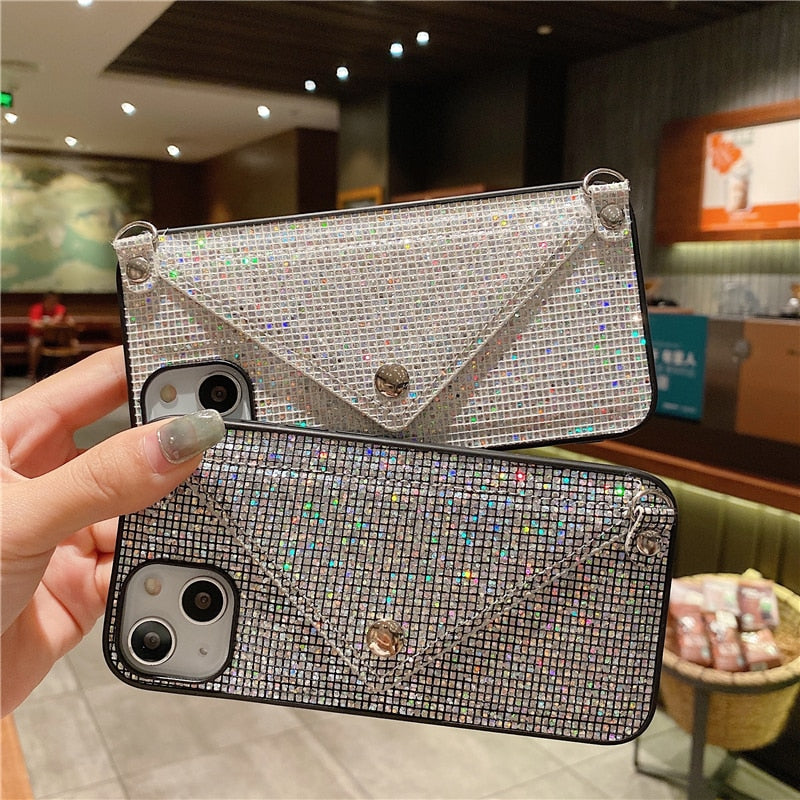 Fashion Glitter Diamond Leather Shoulder Bag Phone Case For Card Slot Wallet