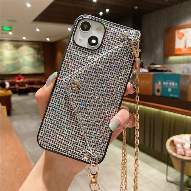 Fashion Glitter Diamond Leather Shoulder Bag Phone Case For Card Slot Wallet