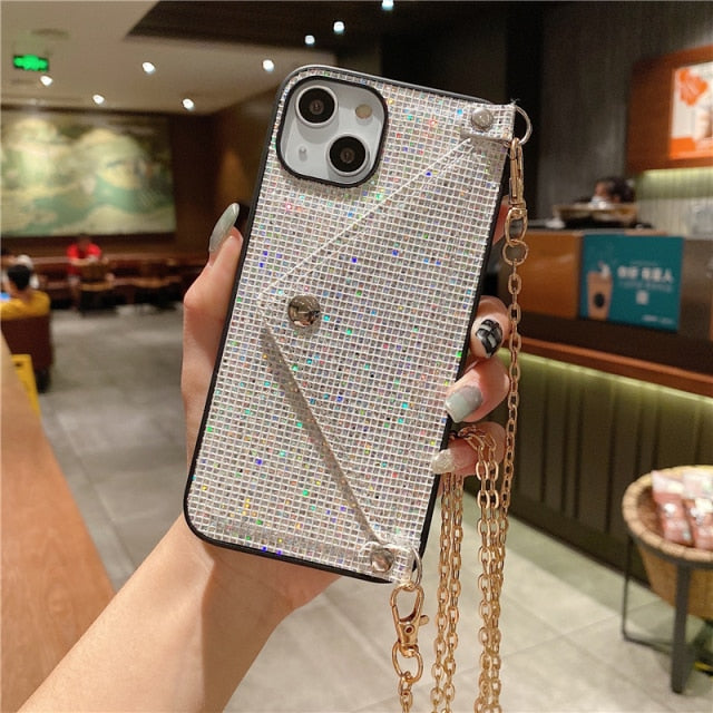 Fashion Glitter Diamond Leather Shoulder Bag Phone Case For Card Slot Wallet